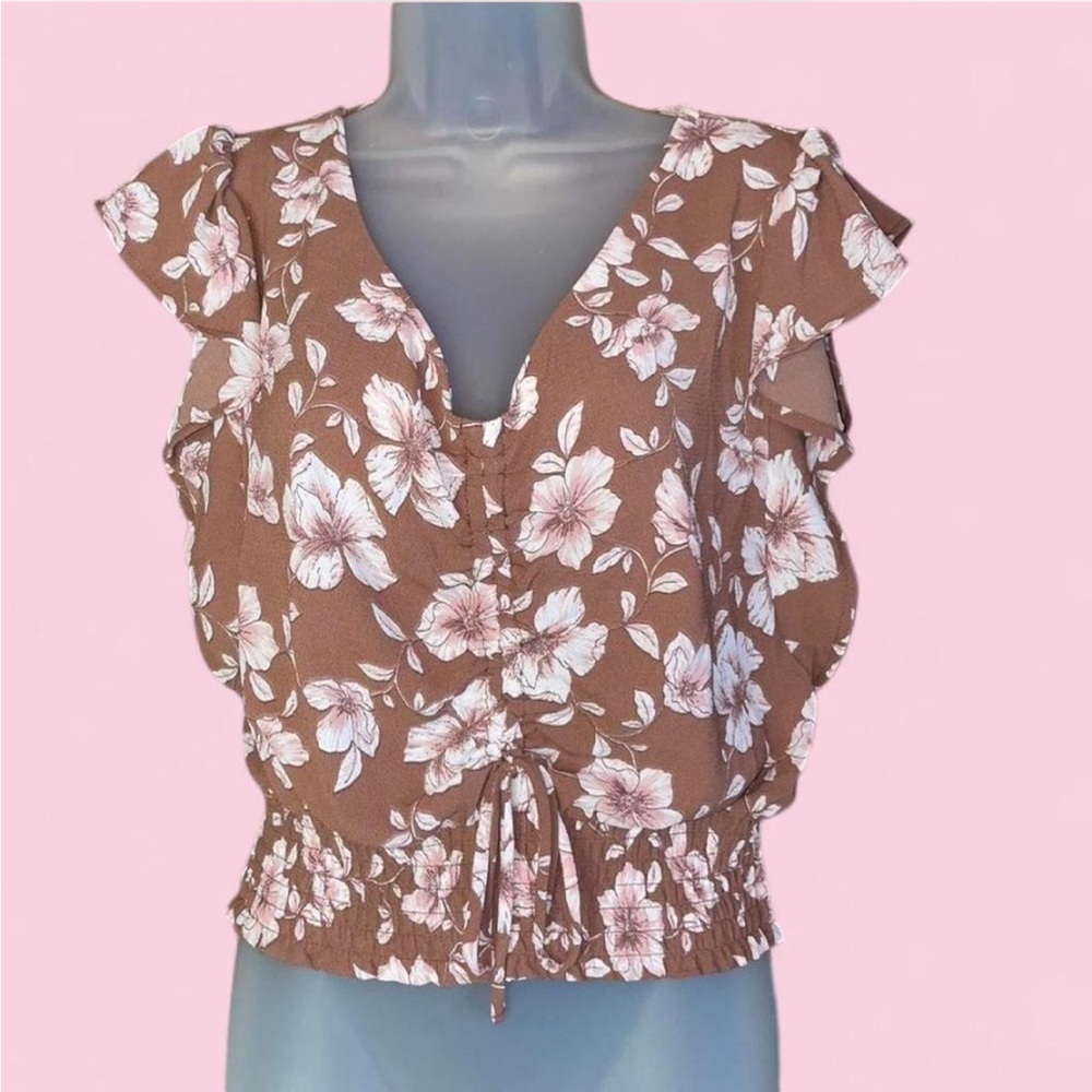 Monteau Floral Ruffle Sleeve Smocked Waist Top XL